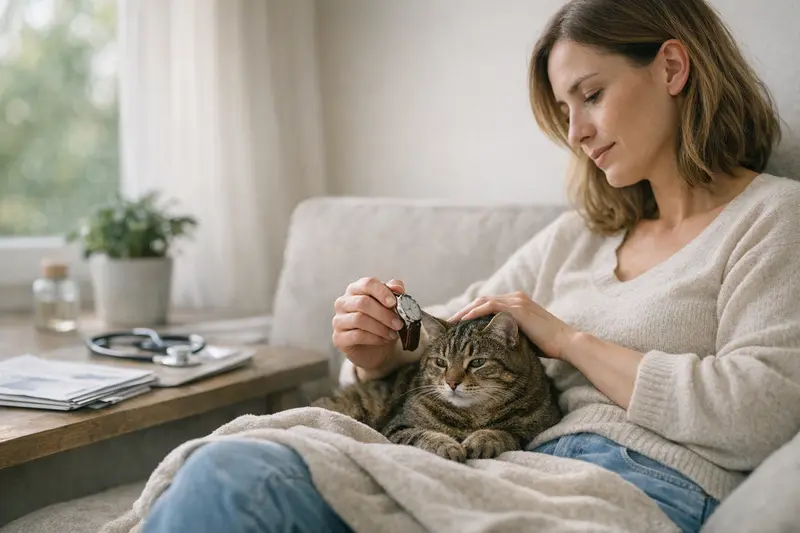 Eine Katze mit einem Tierarzt, die über Wartezeiten bei Versicherungen diskutiert.