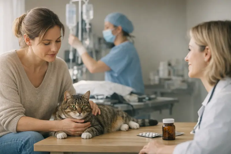 OP-Versicherung vs. Katzenkrankenversicherung Eine Katze auf einem Untersuchungstisch beim Tierarzt, der eine OP-Versicherung und Katzenkrankenversicherung erklärt.