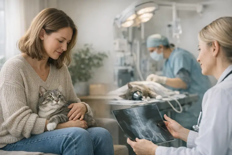 Unterschied zwischen OP- und Krankenversicherung für Katzen Katte auf einer Untersuchungsliege beim Tierarzt, Symbol für die unterschiedliche Absicherung durch OP- und Krankenversicherung.