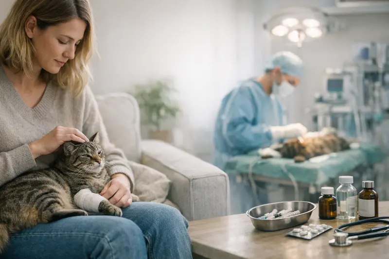 Unterschied zwischen OP- und Krankenversicherung für Katzen Eine Katze wird vom Tierarzt untersucht, um den Unterschied zwischen OP- und Krankenversicherung zu verdeutlichen.