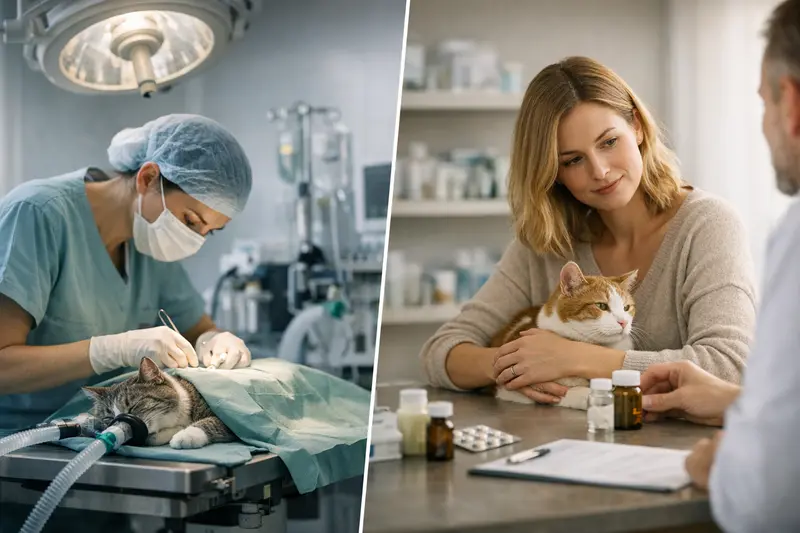Eine Katze beim Tierarzt, die während einer Untersuchung behandelt wird.