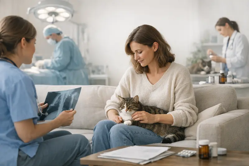 Unterschied zwischen OP- und Krankenversicherung für Katzen Eine Katze sitzt beim Tierarzt, um über ihre Gesundheitsabsicherung informiert zu werden.