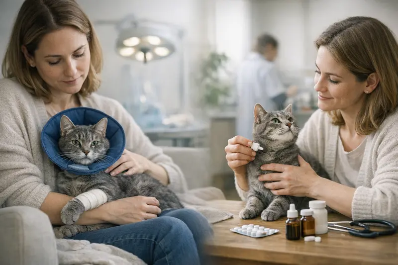 Untersuchung einer Katze beim Tierarzt Eine Katze wird beim Tierarzt untersucht, um Unterschiede zwischen OP- und Krankenversicherung zu verdeutlichen.