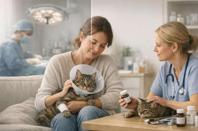 Ein Tierarzt untersucht eine Katze auf dem Untersuchungstisch und erklärt die Unterschiede zwischen OP- und Krankenversicherungen für Katzen.
