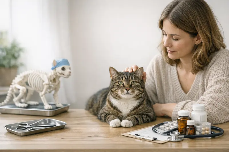 Katzenversicherung: OP oder Krankenversicherung? Eine Katze auf dem Untersuchungstisch beim Tierarzt, die gezeigt wird, um die Entscheidung zwischen OP-Versicherung und Krankenversicherung zu verdeutlichen.