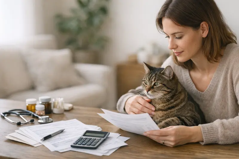 Katzenhalter bespricht Tarifdetails der Katzenversicherung mit einem Tierarzt.