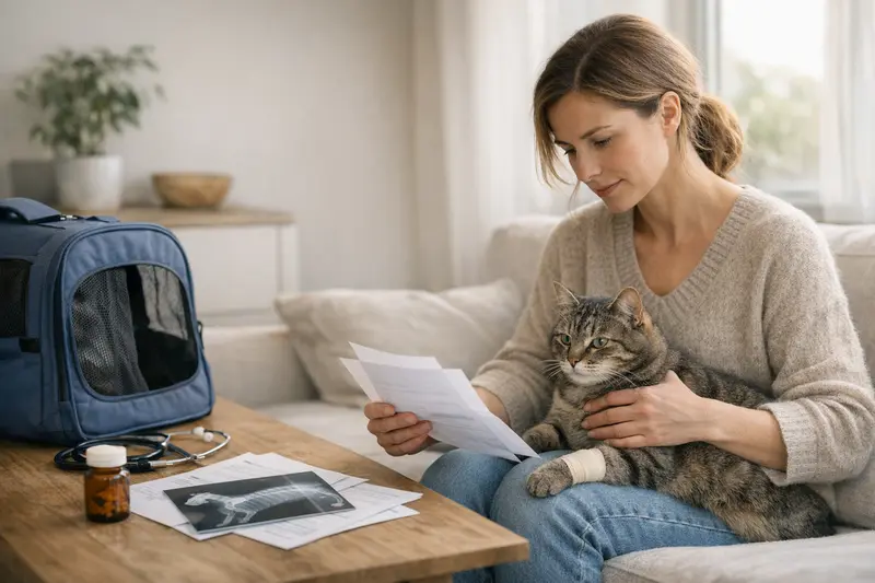Eine Katze wird beim Tierarzt behandelt, während die Besitzerin die Tarifdetails ihrer Katzenversicherung überprüft.