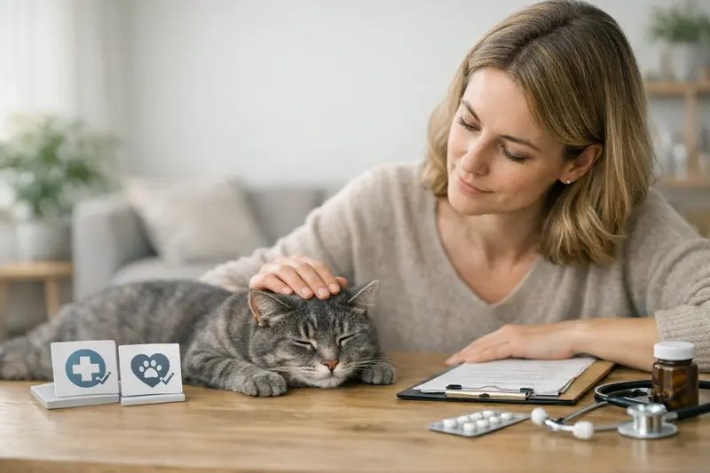 Eine Katze beim Tierarzt zur Untersuchung, die Kosteneinflüsse für Versicherungen verdeutlicht.