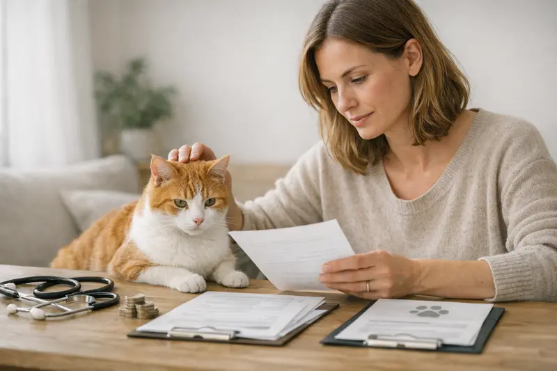 Eine Katze bei einem Tierarzt, die untersucht wird, um den Gesundheitsstatus für eine Katzenversicherung zu ermitteln.
