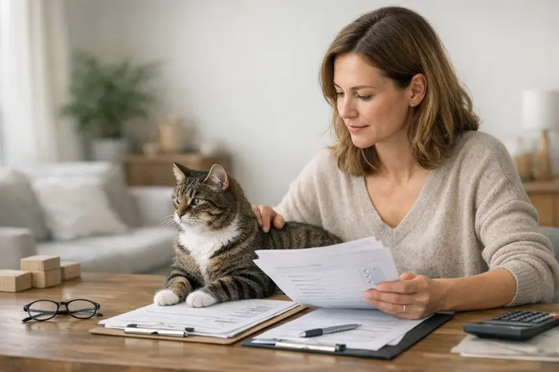Tarifvergleich Katzenversicherung Katzenhalter vergleicht verschiedene Tarife für Katzenversicherungen am Computer.