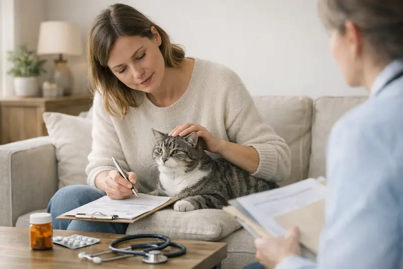 Eine Katze beim Tierarzt, die auf ihre Gesundheit überprüft wird, was für Katzenhalter wichtig ist, um Vorerkrankungen zu erkennen.