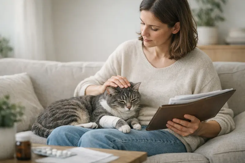 Katzenversicherung und Vorerkrankungen Eine Katze, die beim Tierarzt mit einem Tierarzt spricht, veranschaulicht die Bedeutung von Gesundheitshinweisen für Versicherungen.