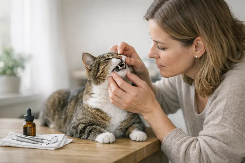 Katzengesicht mit gesunden Zähnen und einem neugierigen Blick