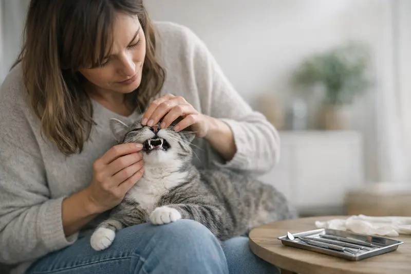 Zahnpflege bei Katzen Tierarzt untersucht die Zähne einer Katze im Rahmen einer Zahnpflegebehandlung.