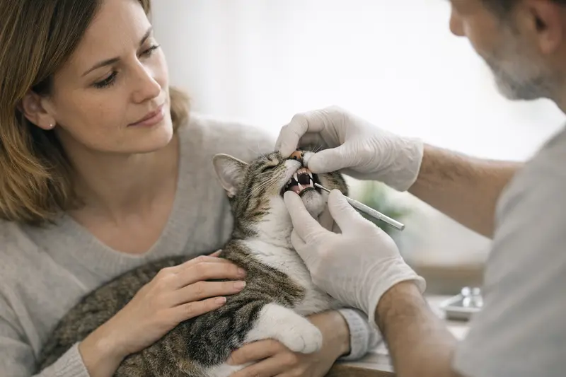 Wichtige Aspekte bei der Katzenzahnversicherung Tierarzt untersucht die Zähne einer Katze auf Zahnprobleme.