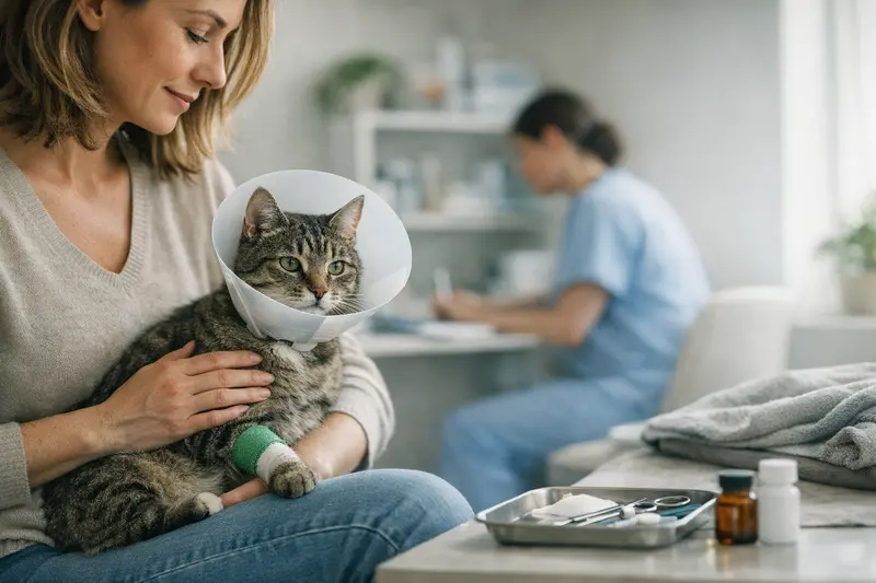 Eine Katze auf einem Untersuchungstisch beim Tierarzt, die für eine Operation vorbereitet wird.