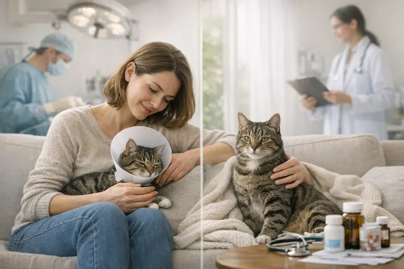 Eine Katze beim Tierarzt, die sich einer Untersuchung unterzieht, um die Unterschiede zwischen OP-Schutz und Krankenversicherung zu verstehen.