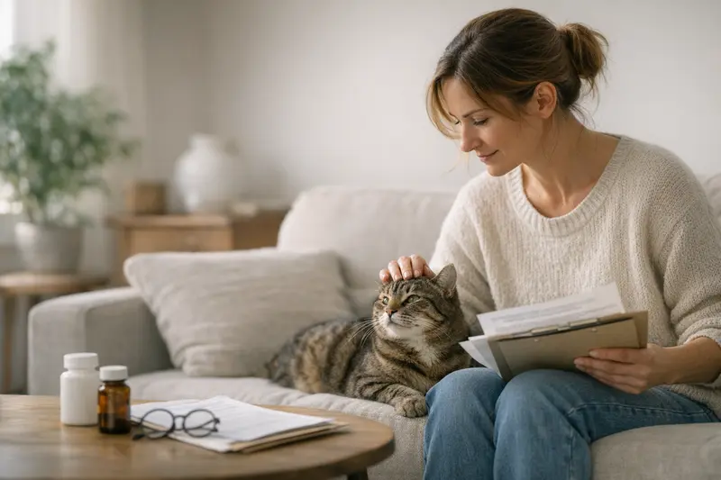 Wartezeiten und Vorerkrankungen bei Katzenversicherungen Eine Katze mit einem Tierarzt, die über Wartezeiten und Vorerkrankungen in der Katzenversicherung informiert wird.