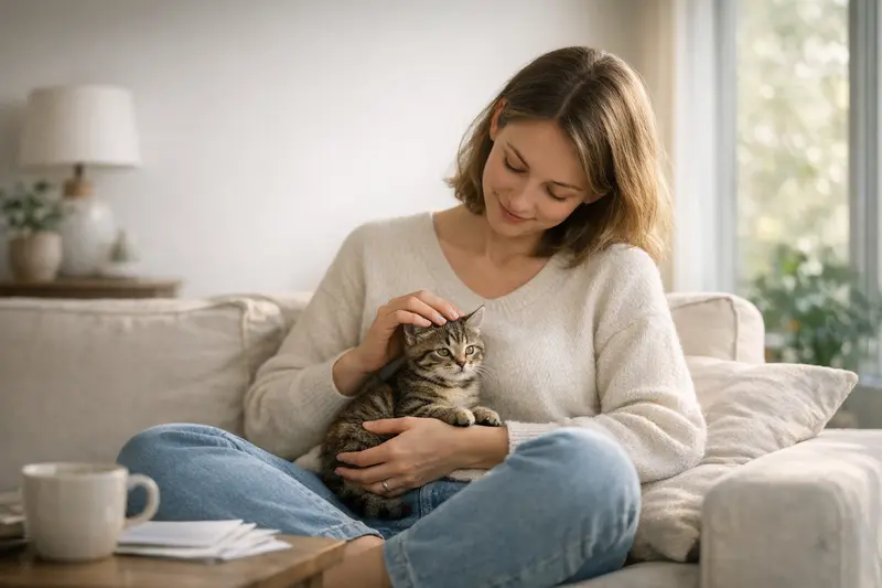 Katzenversicherung sinnvoll abschließen Junge Katze mit ihrem Halter, der über den Abschluss einer Katzenversicherung nachdenkt.