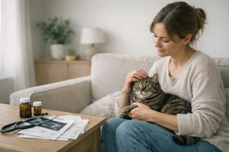 Ein junger Kater mit einem nachdenklichen Blick, der über die Vorteile einer Katzenversicherung informiert wird.