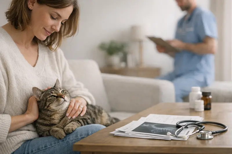 Eine Katze sitzt entspannend in einer Tierarztpraxis, symbolisiert die Bedeutung der Finanzierung von Tierarztkosten durch eine Katzenversicherung.