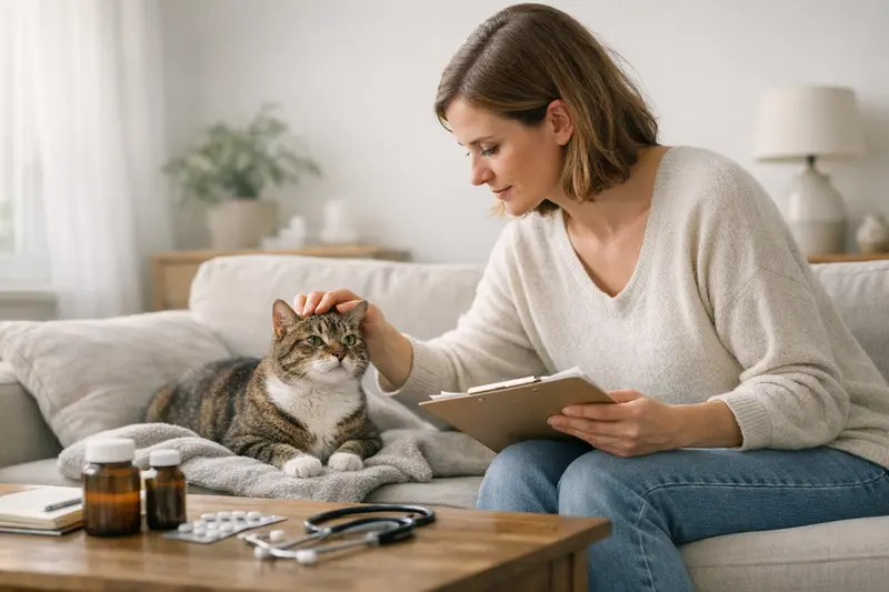 Eine Katze mit einem Tierarzt, die über Vorerkrankungen und Versicherungen informiert wird.