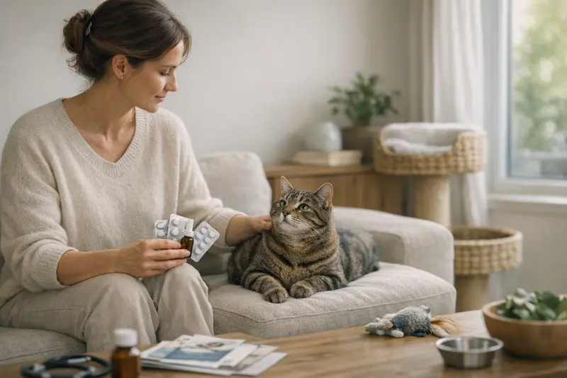 Eine Katze beim Tierarzt, die untersucht wird, was zur Vorsorge gehört.