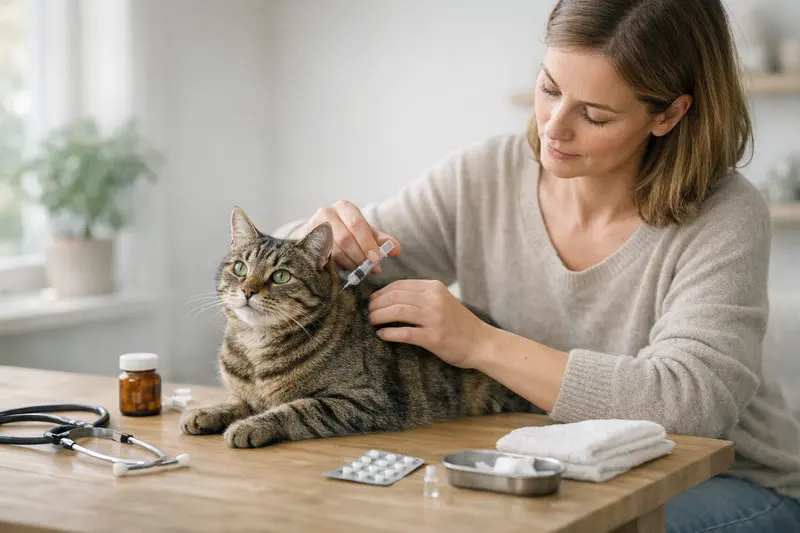 Eine Katze wird von einem Tierarzt untersucht, während der Besitzer Fragen zu Vorsorgemaßnahmen stellt.