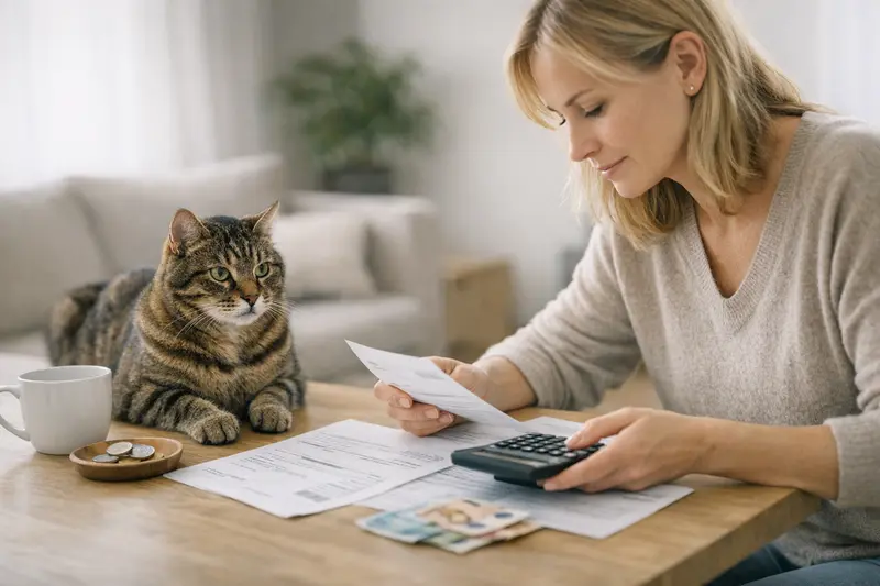 Selbstbeteiligung bei Katzenversicherungen Eine Besitzerin betrachtet die Rechnung für die Behandlung ihrer Katze und überlegt zur Selbstbeteiligung bei der Katzenversicherung.