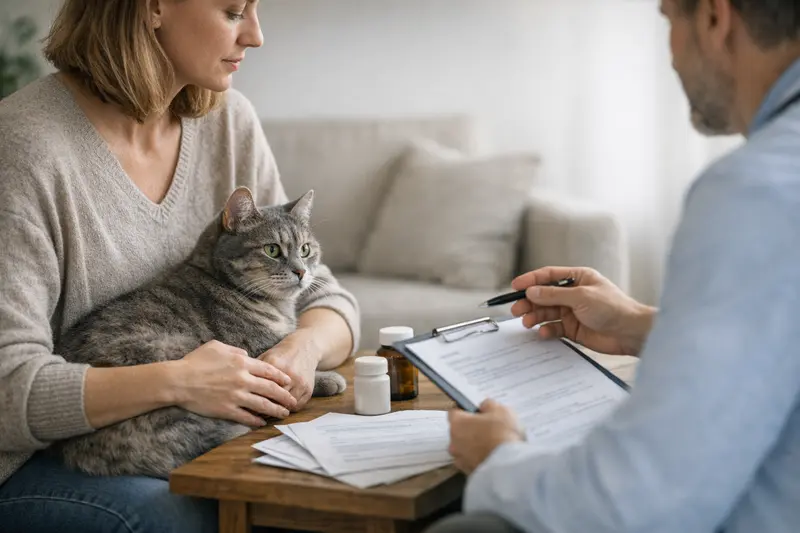 Katzengesundheit und Vorerkrankungen Eine Katze auf dem Tisch beim Tierarzt, die Untersuchung einer Vorerkrankung.