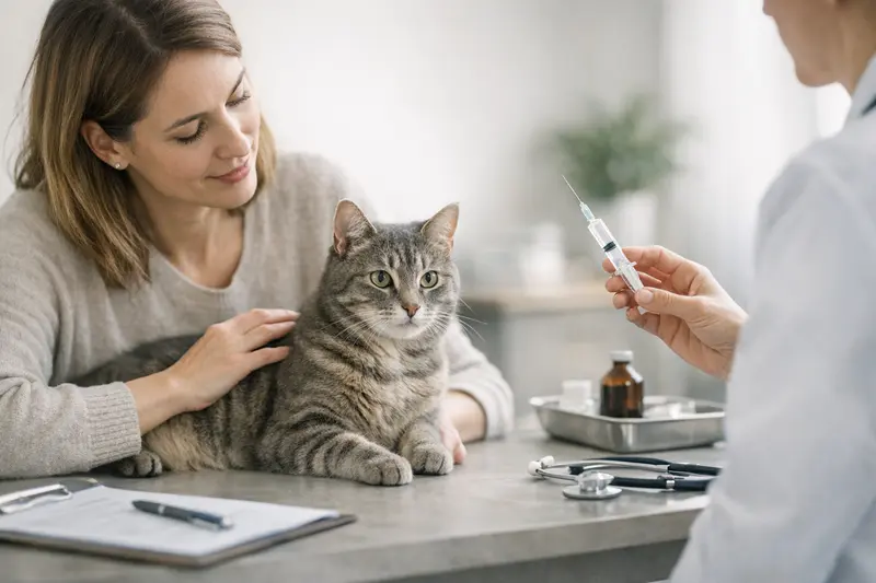 Eine Katze wird von einem Tierarzt untersucht, um die Bedeutung von Vorsorgeleistungen bei einer Katzenversicherung zu verdeutlichen.