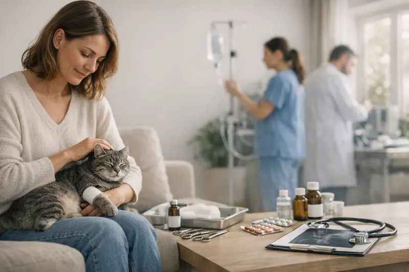 Katzenversicherung - OP-Schutz vs. umfassende Versicherung Eine Katze wird im Tierarzt untersucht, während Informationen zu OP-Schutz und umfassender Katzenversicherung präsentiert werden.