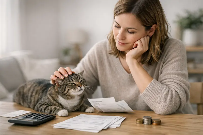 Eine junge Katze sitzt entspannt bei ihrem Tierarzt, während die Kosten für die Behandlung mit Selbstbeteiligung besprochen werden.