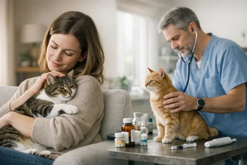 Eine Katze wird in einer Tierarztpraxis untersucht, um den Unterschied zwischen OP-Versicherung und Katzenkrankenversicherung zu verdeutlichen.