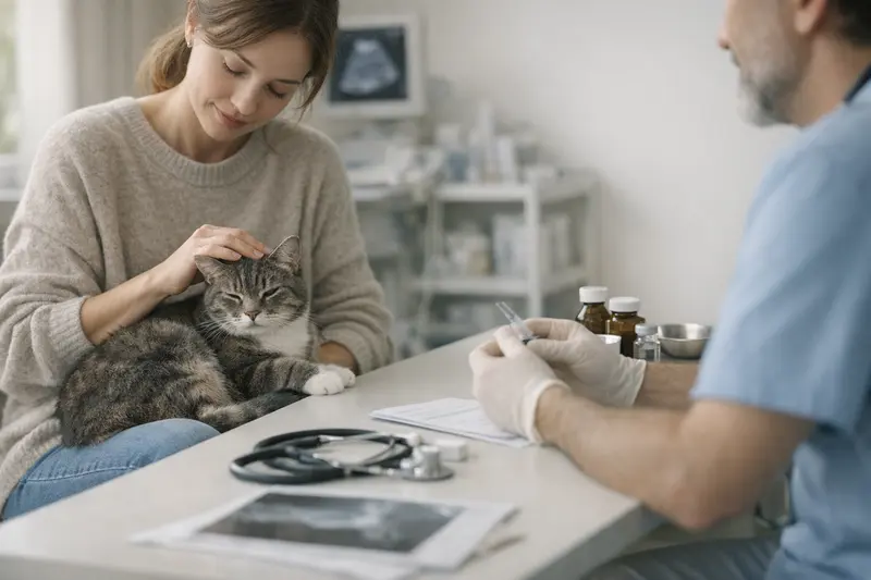 Tierarztkosten und Katzenversicherung Eine Katze erhält eine tierärztliche Untersuchung, die durch eine Katzenversicherung abgedeckt werden könnte.