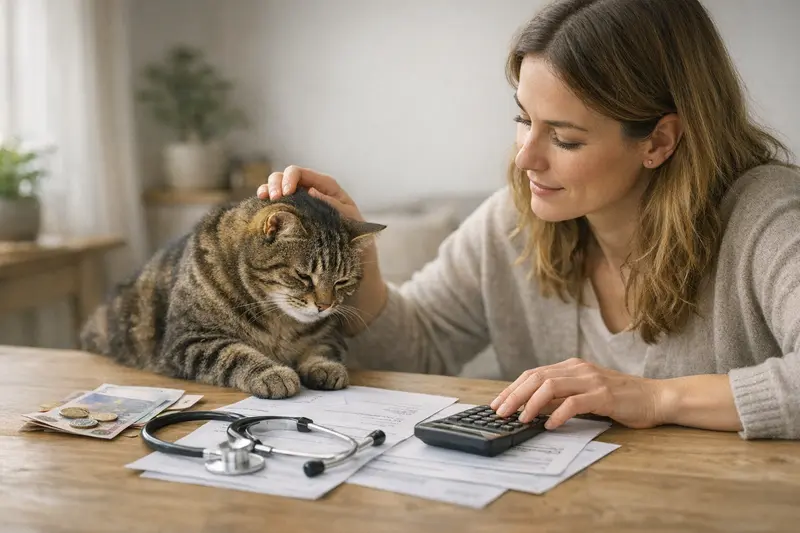 Eine Katze liegt entspannt neben Rechnungen und einem Versicherungspapier, symbolisiert die finanzielle Planung für Tierarztkosten.