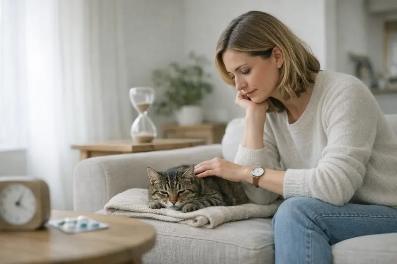 Gesunde Katze und Versicherungsschutz Eine Katze sitzt entspannt und gesund auf einem Sofa, symbolisiert natürliche Tiergesundheit und Versicherungsschutz.