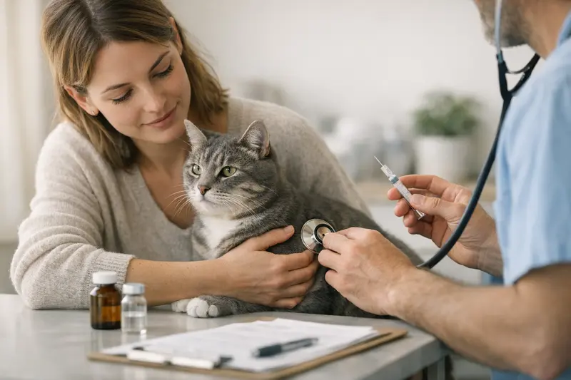 Katzenversicherung und Vorsorgeleistungen Zwei Katzen bei einem Gesundheitscheck beim Tierarzt.