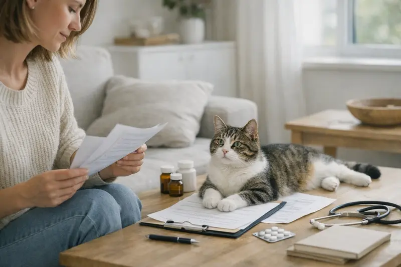 Katzenhalter prüft Versicherungsunterlagen für eine Katzenkrankenversicherung.