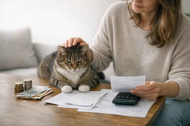 Katzenbesitzerin, die die Selbstbeteiligung ihrer Katzenversicherung prüft.