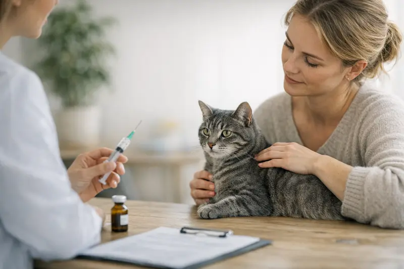 Ein Arzt untersucht eine Katze, um den Gesundheitszustand zu beurteilen und notwendige Impfungen zu empfehlen.