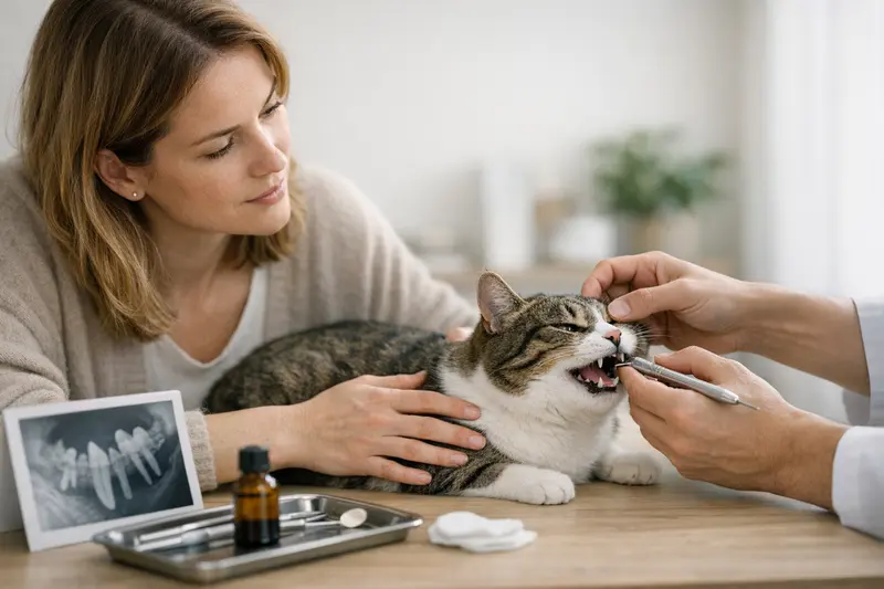 Zahnbehandlung bei Katzen Eine Katze wird bei einer Zahnbehandlung von einem Tierarzt betreut.