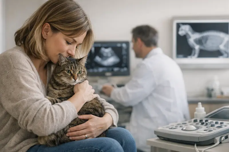 Diagnostik bei Katzenversicherungen Tierarzt untersucht eine Katze mittels Ultraschall und Röntgen