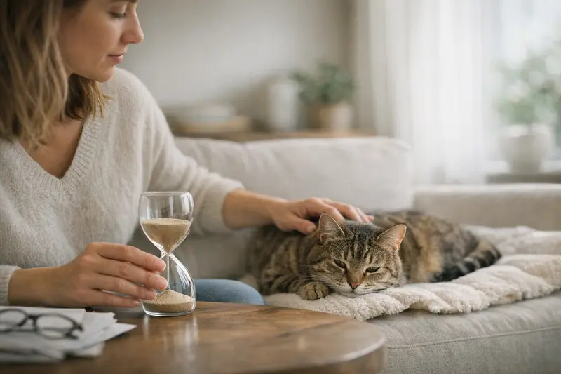 Wartezeiten bei der Katzenversicherung verstehen Eine Katze liegt entspannt auf einem Sofa und wird von ihrem Besitzer betrachtet, während Informationen über Wartezeiten bei der Katzenversicherung angezeigt werden.