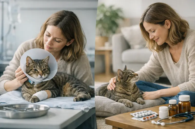 Eine gesunde Katze sitzt bei einem Tierarzt und wird untersucht.