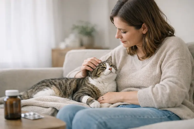Tierarztbesuch einer Katze mit Vorerkrankungen Eine Katze beim Tierarzt, die untersucht wird und Fragen zur Vorerkrankung ihrer Gesundheit aufwirft.