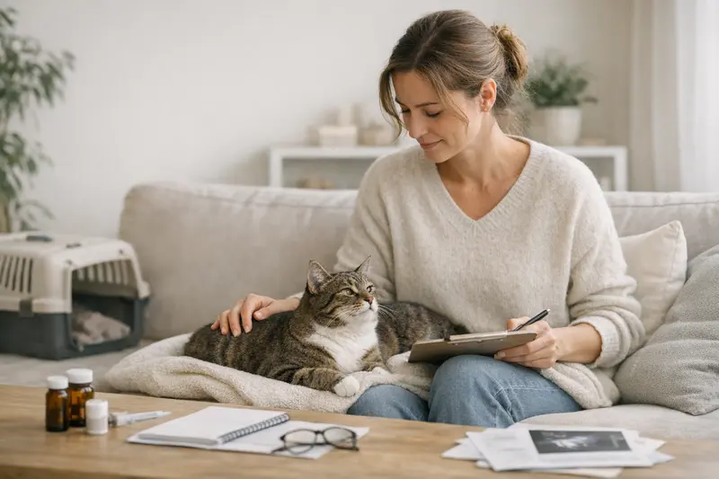 Eine Katze beim Tierarzt, die auf Gesundheitscheck-Up erwartet, zeigt die Wichtigkeit der Tarifdetails in einer Katzenversicherung.