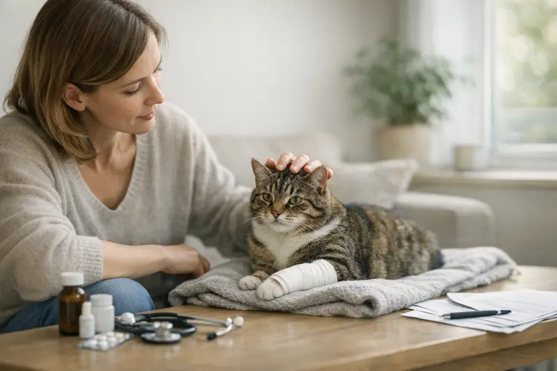 Eine Katze sitzt entspannt auf dem Tisch, während der Tierarzt einen Gesundheitscheck durchführt.