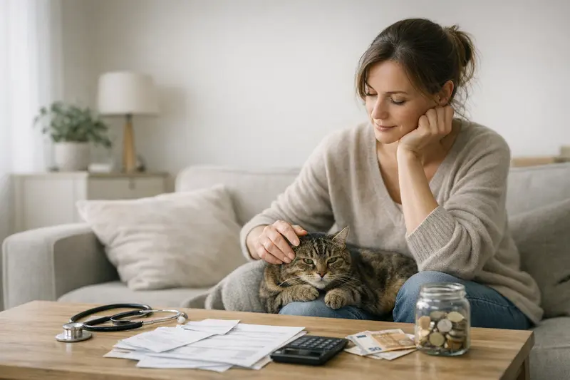 Kosten einer Katzenversicherung Eine Katze wird von einem Tierarzt untersucht, während die Besitzerin sich über die Kosten einer Katzenversicherung informiert.