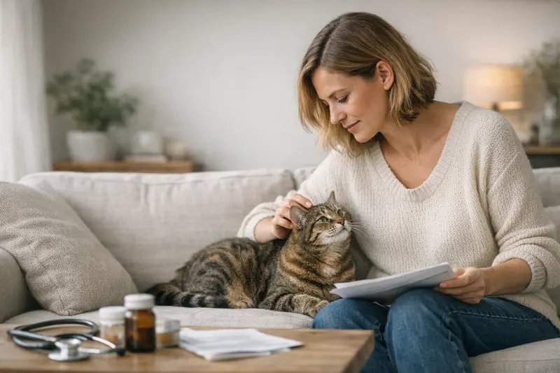 Katzenversicherung – Ab wann sinnvoll? Eine Katze, die auf einem Tierarzttisch sitzt, während eine Untersuchung durchgeführt wird.